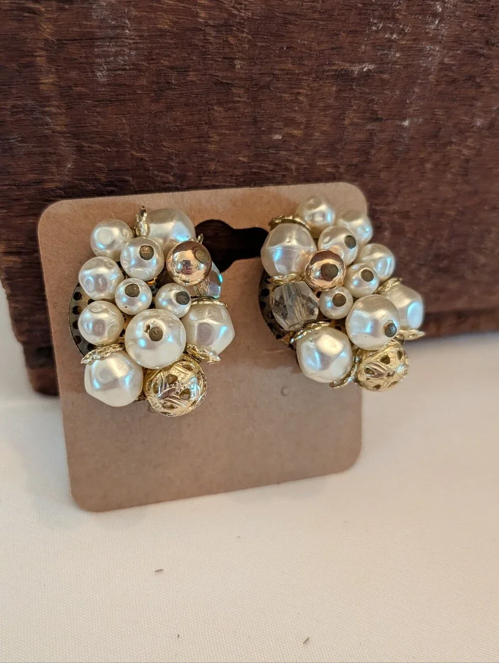 Cluster Pearl and Gold Bead Clip-On Earrings - White Goldtone